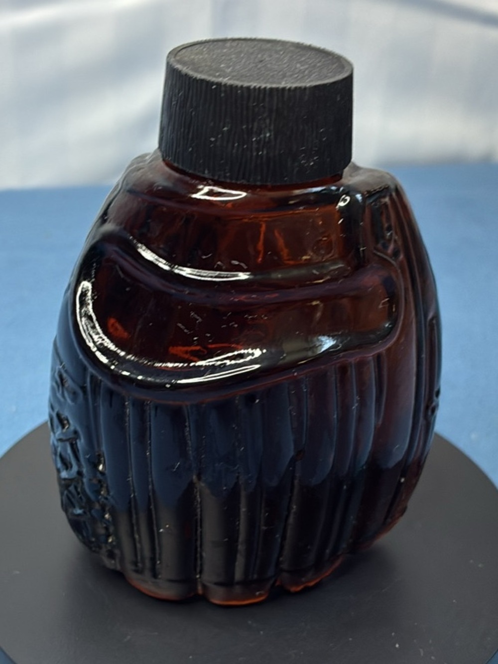 Avon Amber-Brown Ribbed Glass Jar with Black Cap